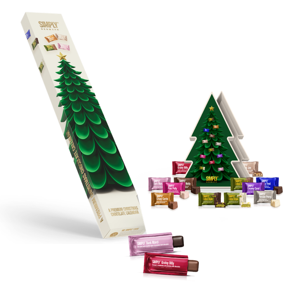 December, Sorted: Chokolade Julekalender, juletræsformet gaveæske og to barer: Dark Marci og Grainy Billy