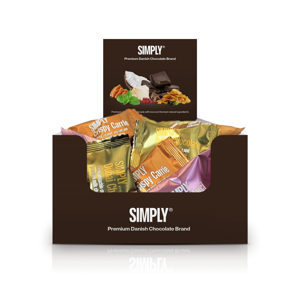 Chokolade Bites mix kasse - 750g - 75 stk - Simply® Favorite Mix med forskellige smagsvarianter i æsken.