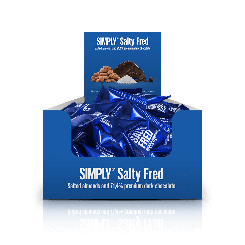 Simply® Zoute Fred - 75 Bites | Gezouten geroosterde amandelen met premium pure chocolade - Box of Bites - Simply®