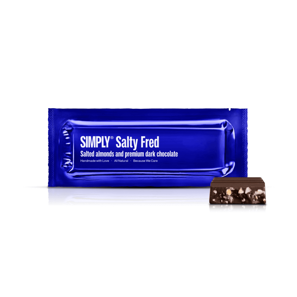 Simply® Zoute Fred | Gezouten amandelen en premium pure chocolade - Chocoladerepen - Simply®