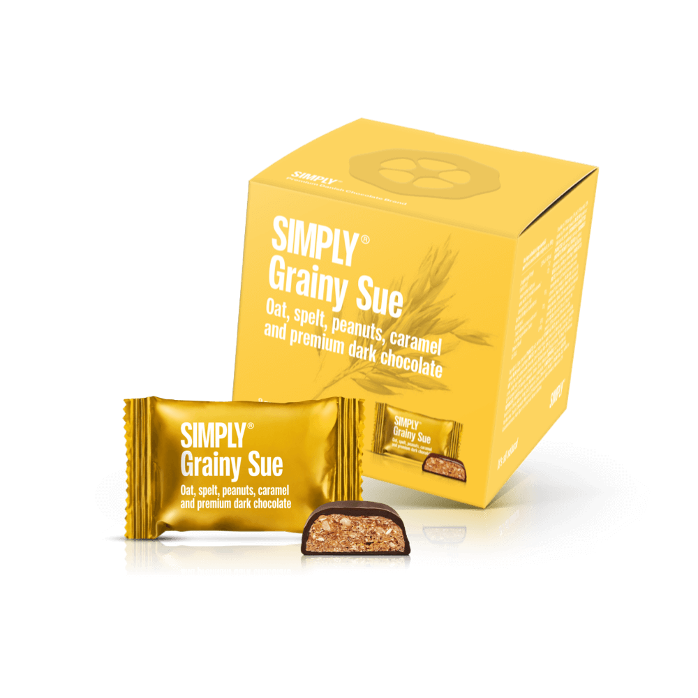 Simply® Grainy Sue - Geschenkdoos met 9 hapjes | Haver, spelt, karamel, pinda's en premium pure chocolade - Single Cubes - Simply®