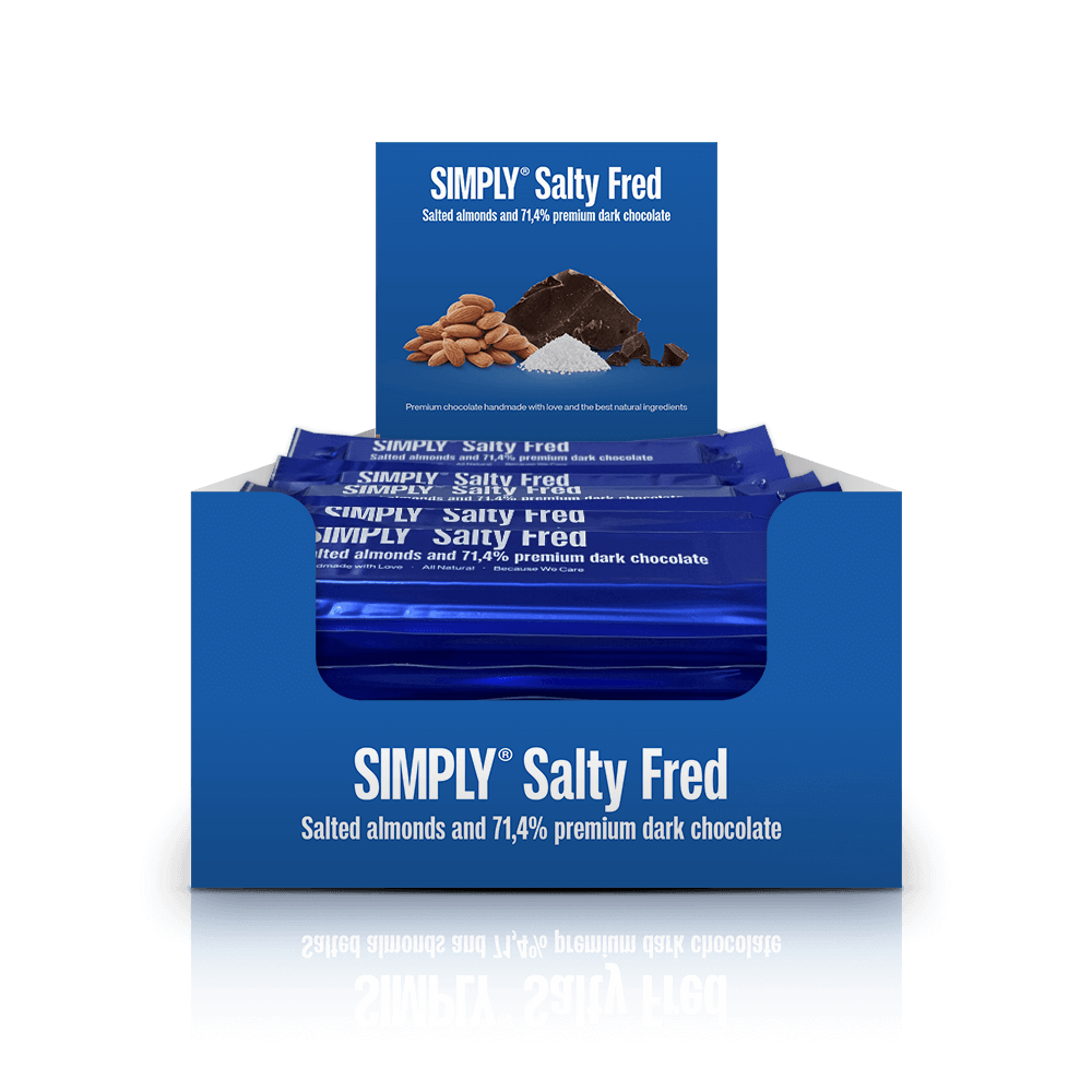 Simply® Zoute Fred | Gezouten amandelen en premium pure chocolade - Chocoladerepen - Simply®