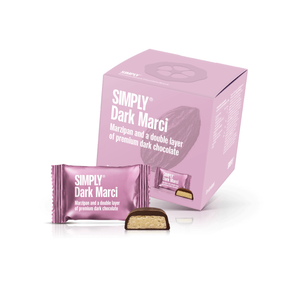 Simply® Dark Marci - Geschenkdoos met 9 Hapjes | Marsepein en een dikke laag premium pure chocolade - Single Cubes - Simply®