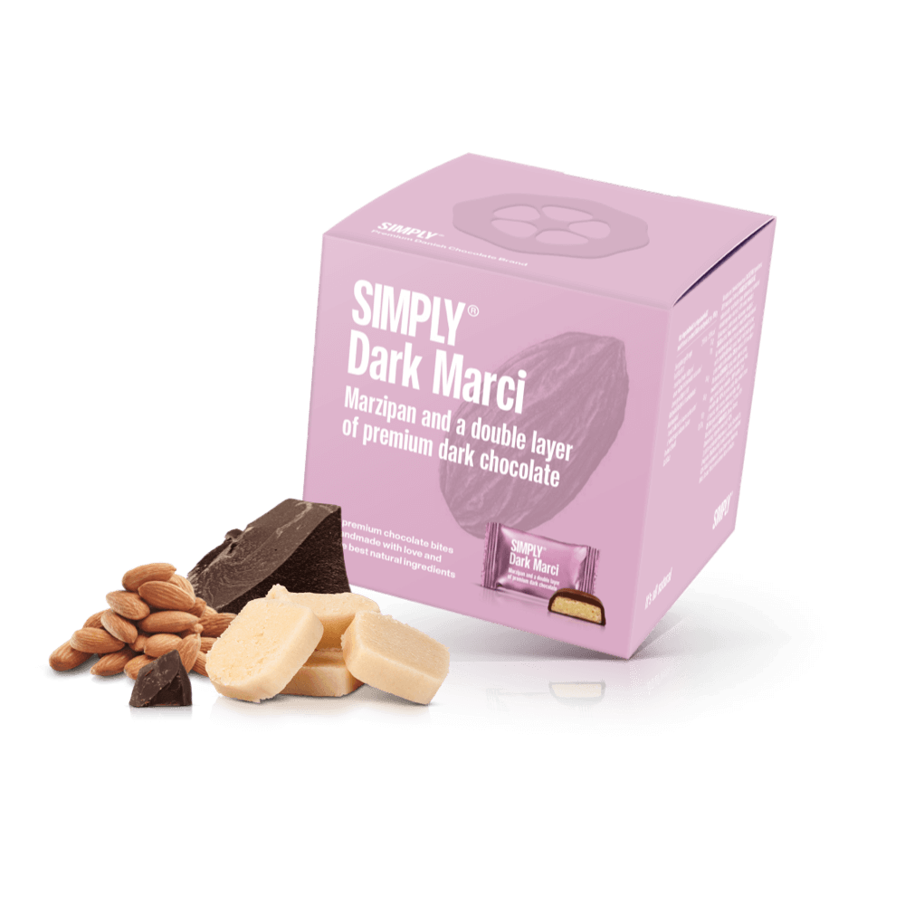 Simply® Dark Marci - Geschenkdoos met 9 Hapjes | Marsepein en een dikke laag premium pure chocolade - Single Cubes - Simply®