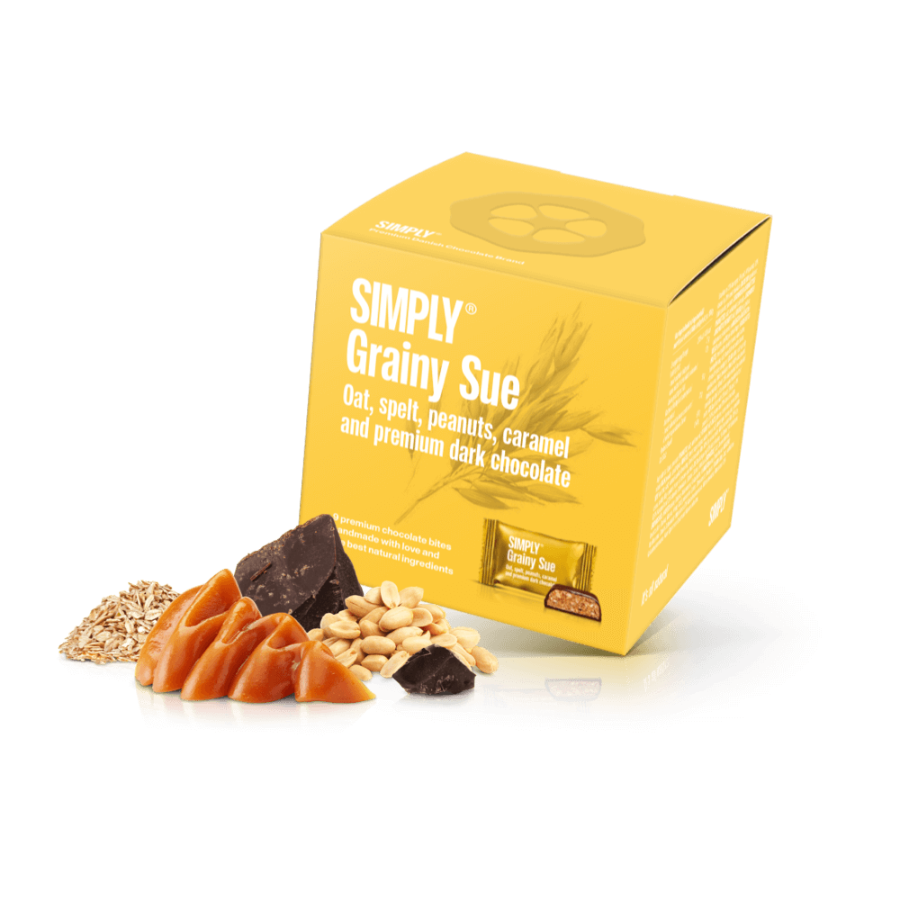 Simply® Grainy Sue - Geschenkdoos met 9 hapjes | Haver, spelt, karamel, pinda's en premium pure chocolade - Single Cubes - Simply®